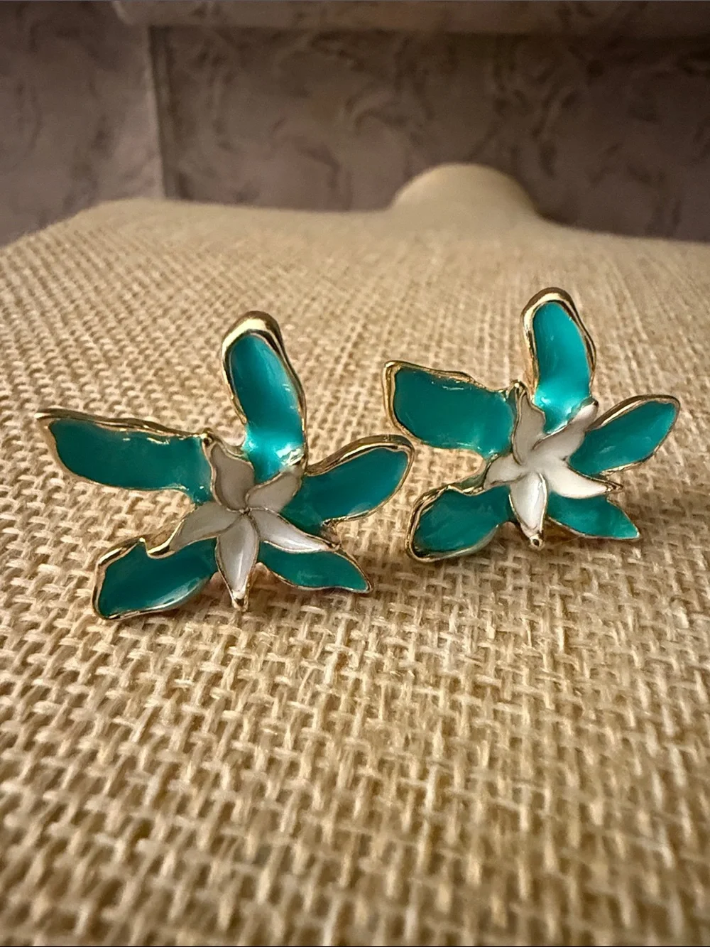 Turquoise Floral Enamel Earrings with Gold Accents